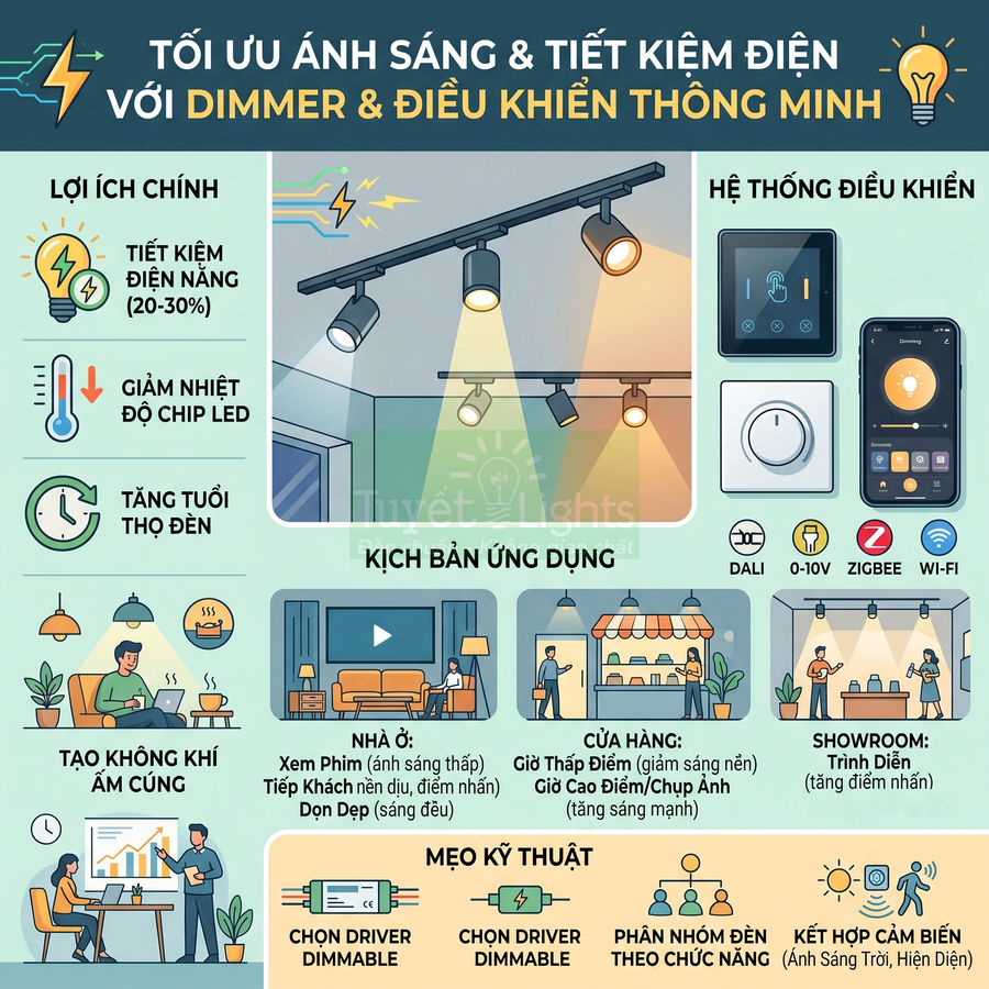 Infographic tối ưu ánh sáng và tiết kiệm điện với dimmer và điều khiển đèn LED thông minh trong nhà, cửa hàng, showroom