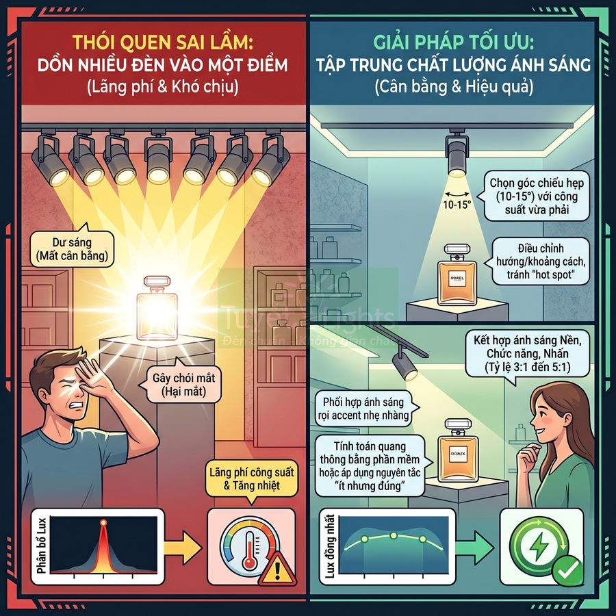 So sánh hai cách chiếu sáng trưng bày chai nước hoa, minh họa giải pháp tối ưu ánh sáng tiết kiệm năng lượng