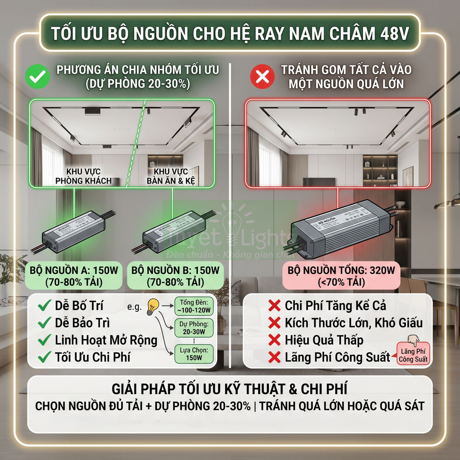 Sơ đồ so sánh bộ nguồn ray nam châm 48V chia nhóm 150W với bộ nguồn tổng 320W để tối ưu chi phí và hiệu suất