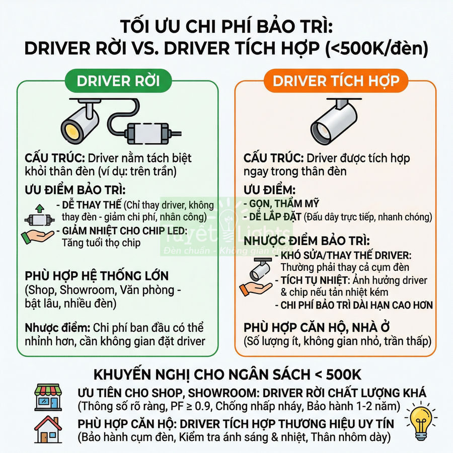 So sánh ưu nhược điểm đèn LED driver rời và driver tích hợp, gợi ý chọn cho shop và căn hộ