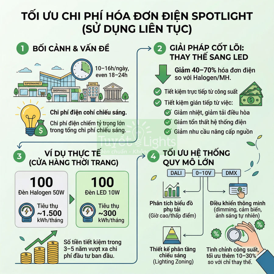 Infographic tối ưu chi phí điện chiếu sáng spotlight bằng cách thay đèn halogen bằng đèn LED tiết kiệm năng lượng