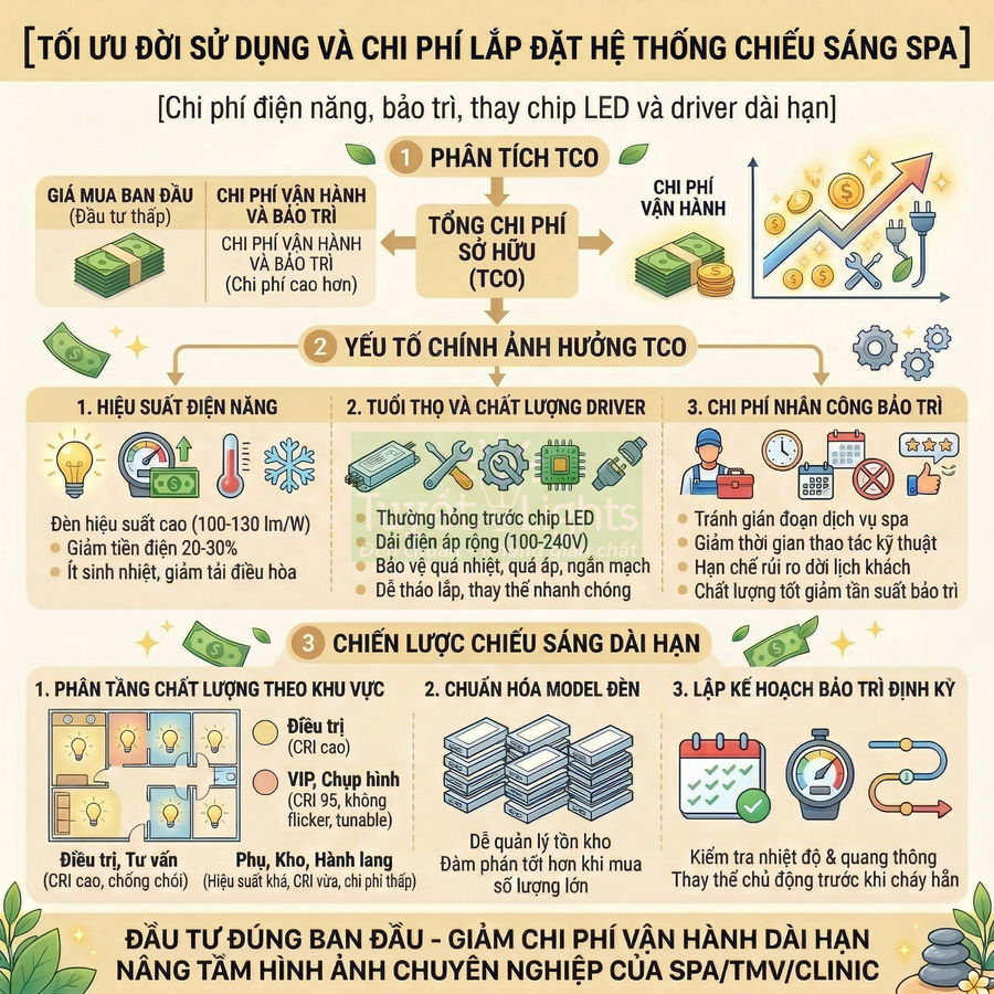 Infographic tối ưu chi phí lắp đặt và vận hành hệ thống chiếu sáng LED cho spa, TMV, clinic