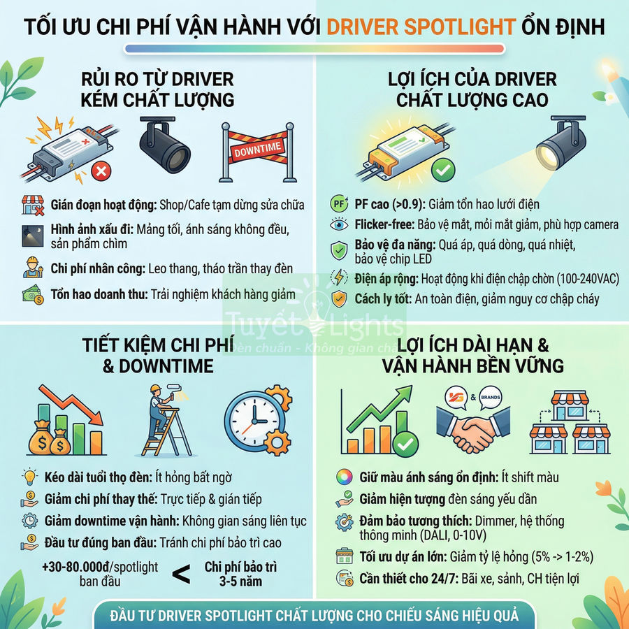 Infographic lợi ích driver spotlight chất lượng cao giúp tối ưu chi phí vận hành chiếu sáng Tuyết Lights