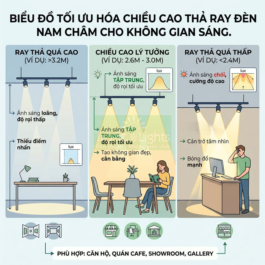 Biểu đồ hướng dẫn chiều cao lắp đặt ray đèn nam châm tối ưu cho căn hộ, quán cafe, showroom, gallery