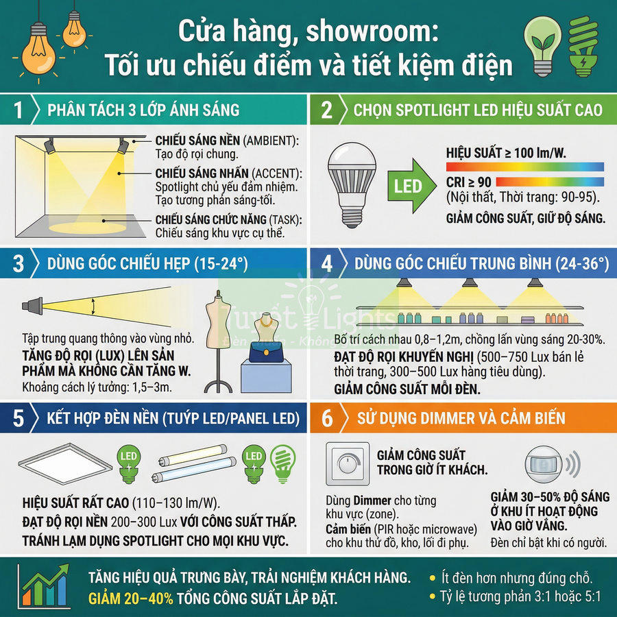 Infographic hướng dẫn tối ưu chiếu sáng cửa hàng showroom bằng đèn LED spotlight, tuýp LED, panel LED tiết kiệm điện