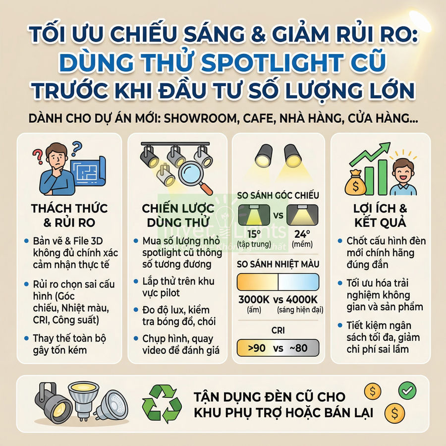 Infographic hướng dẫn tối ưu chiếu sáng showroom bằng việc dùng thử đèn spotlight cũ trước khi đầu tư số lượng lớn