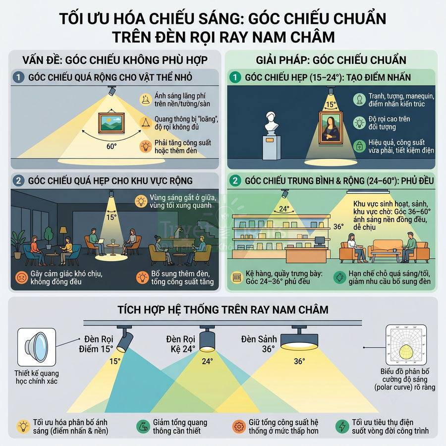 Infographic tối ưu góc chiếu sáng cho đèn rọi ray nam châm trong nhà, so sánh các góc chiếu và ứng dụng chi tiết
