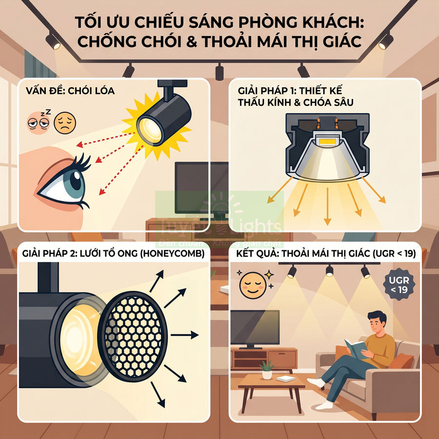 Giải pháp đèn LED âm trần và đèn rọi chống chói cho phòng khách, dùng thấu kính sâu và lưới tổ ong
