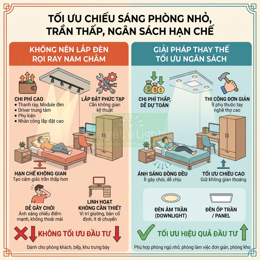 Infographic so sánh đèn rọi ray nam châm và đèn âm trần, đèn ốp trần panel cho phòng nhỏ trần thấp