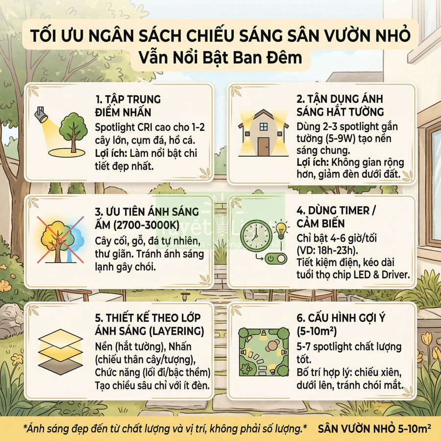 Infographic mẹo tối ưu ngân sách chiếu sáng sân vườn nhỏ với spotlight, đèn hắt tường, timer và cấu hình đèn gợi ý