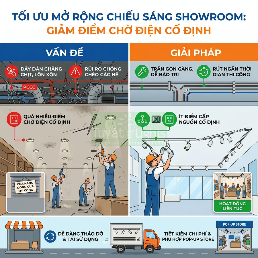Giải pháp hệ thống đèn rọi ray cho showroom giúp tối ưu chiếu sáng, giảm điểm chờ điện cố định