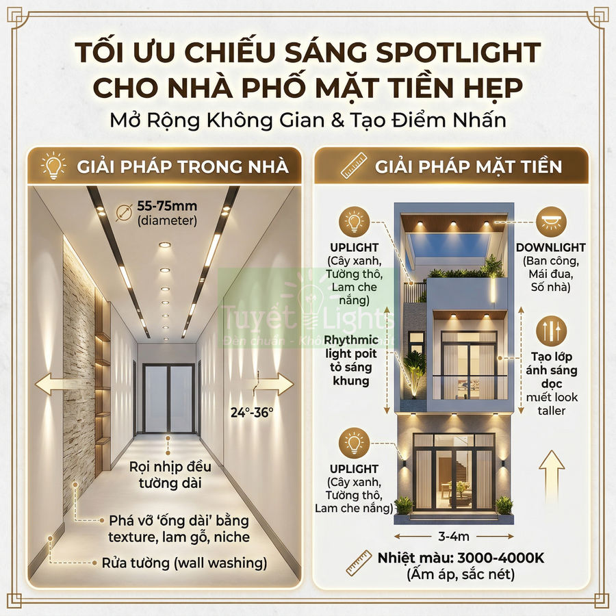 Giải pháp chiếu sáng spotlight Tuyết Light cho nhà phố mặt tiền hẹp, tối ưu hành lang và mặt tiền hiện đại