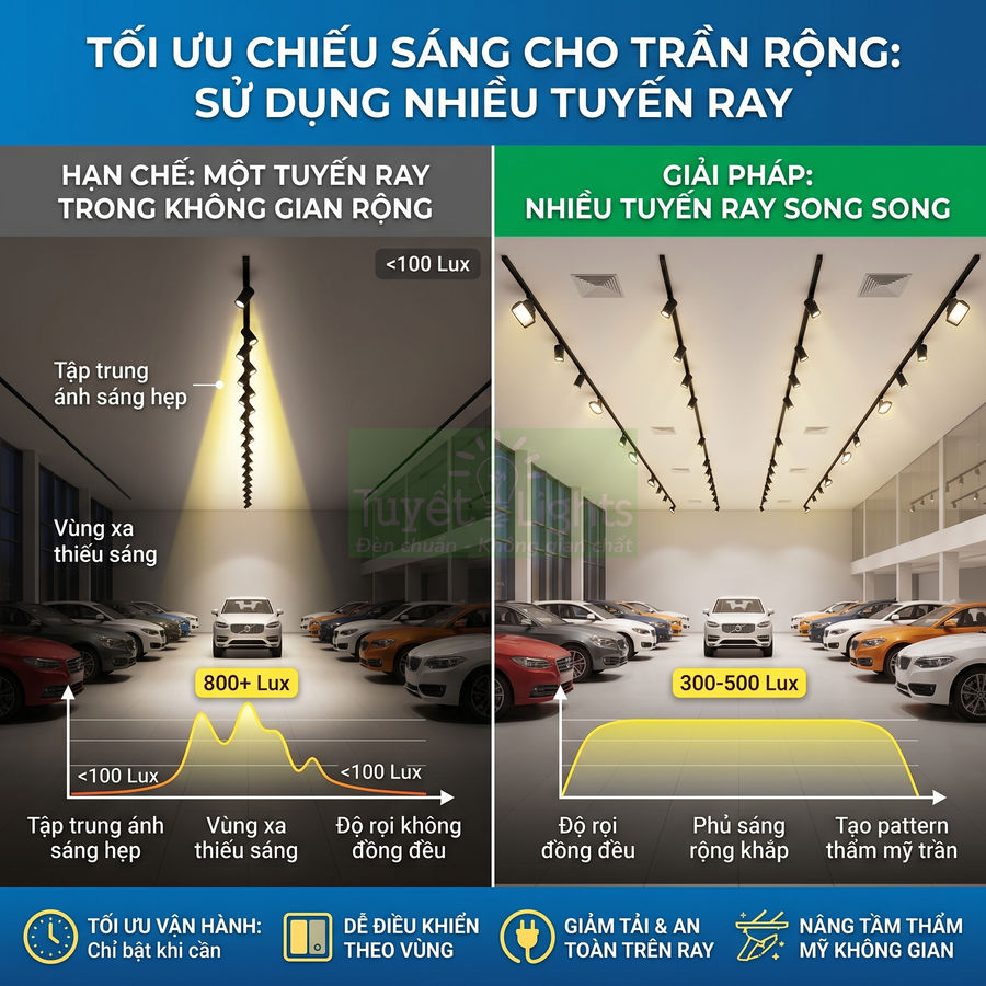 So sánh chiếu sáng gara ô tô với một tuyến ray và nhiều tuyến ray song song cho ánh sáng đều hơn