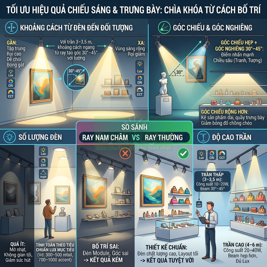 Infographic hướng dẫn bố trí đèn ray nam châm và đèn ray thường để tối ưu chiếu sáng trưng bày sản phẩm