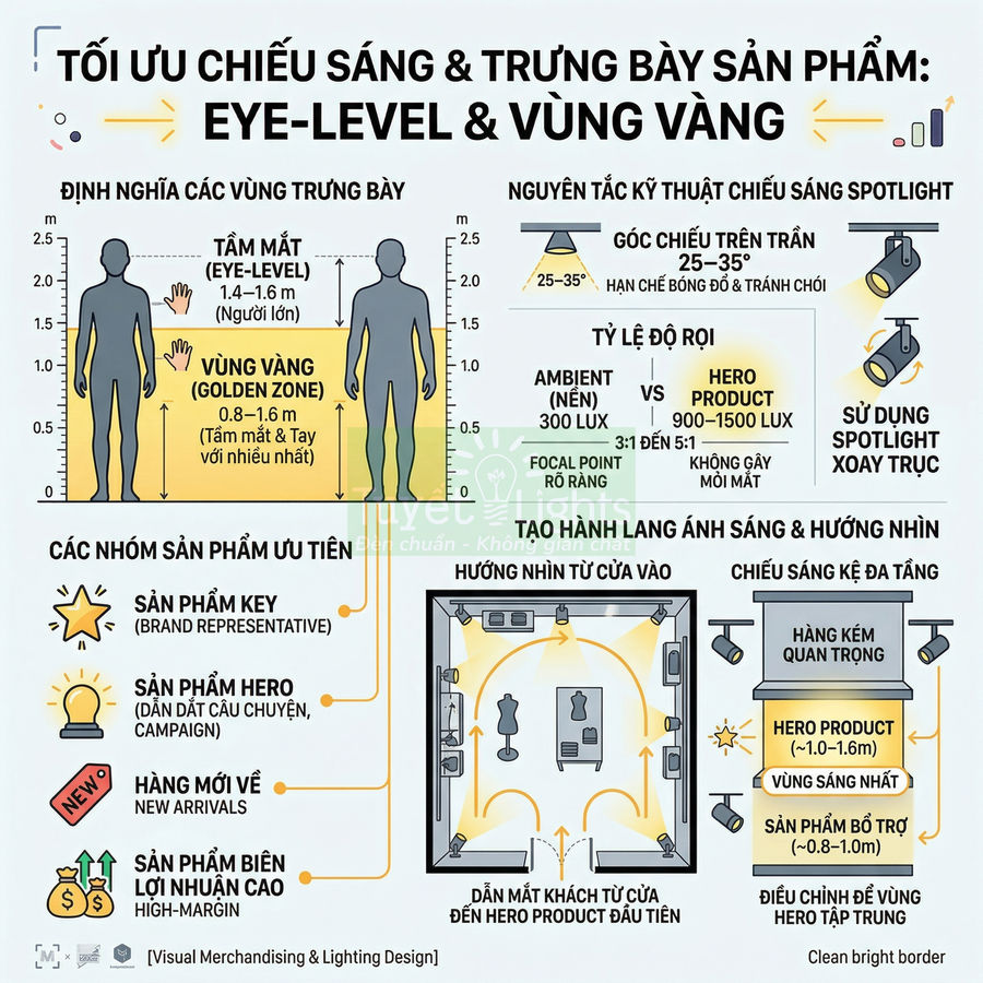 Infographic tối ưu chiếu sáng và trưng bày sản phẩm trong cửa hàng với vùng tầm mắt và vùng vàng