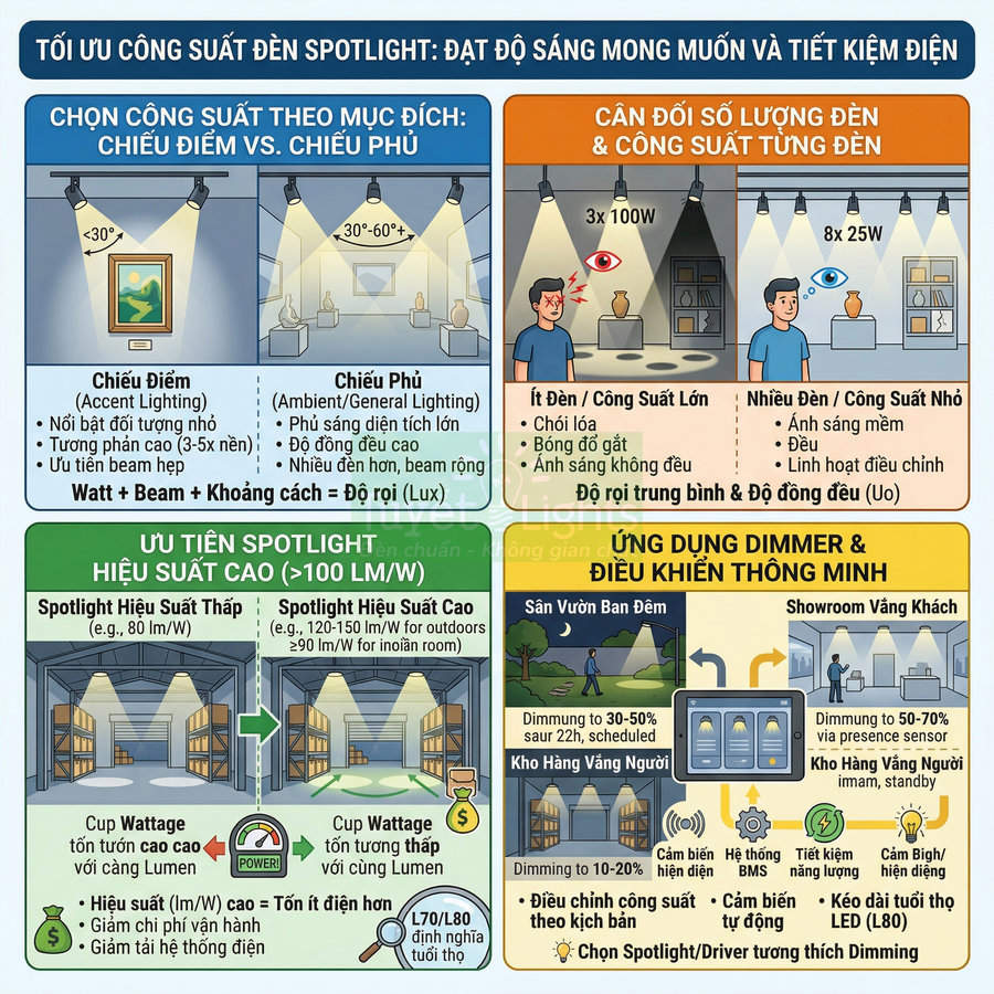 Infographic hướng dẫn tối ưu công suất đèn spotlight LED cho chiếu điểm, chiếu phủ và điều khiển dimmer tiết kiệm điện