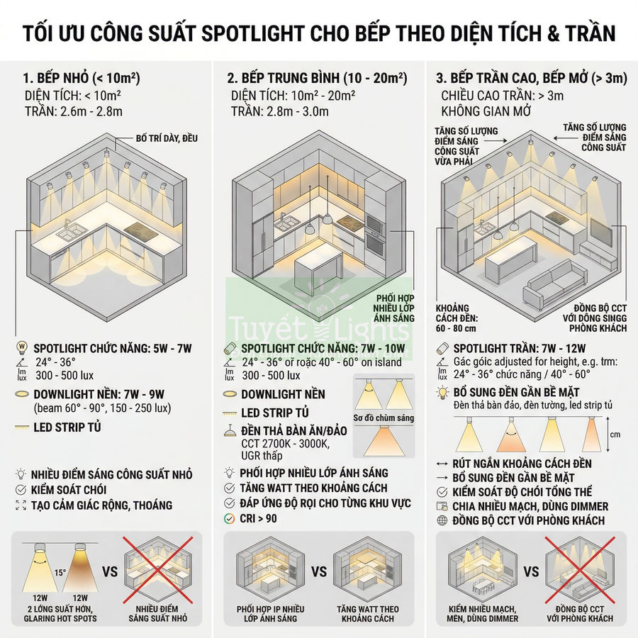 Infographic hướng dẫn tối ưu công suất đèn spotlight cho bếp nhỏ, bếp trung bình và bếp trần cao