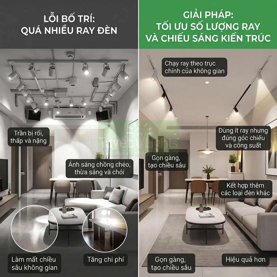 So sánh phòng khách dùng quá nhiều ray đèn trần với phòng tối ưu số lượng ray và chiếu sáng kiến trúc