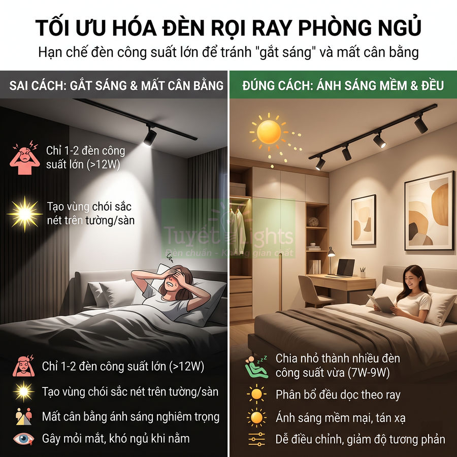 So sánh cách lắp đèn rọi ray phòng ngủ sai và đúng, tối ưu ánh sáng mềm đều, tránh chói mắt khi nằm trên giường