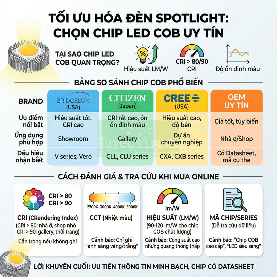 Infographic so sánh chip LED COB Bridgelux, Citizen, Cree và OEM uy tín cho đèn spotlight