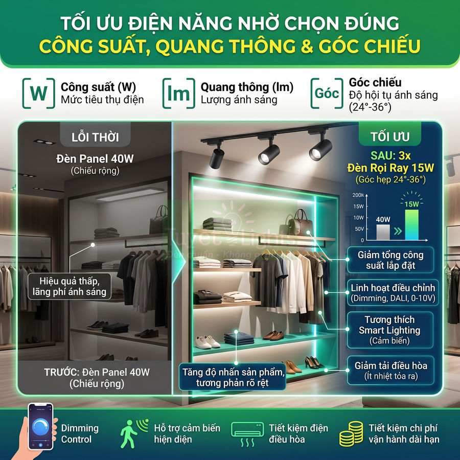 Đèn rọi ray 15W chiếu sáng tủ quần áo trưng bày, tối ưu công suất và tăng độ nổi bật sản phẩm trong cửa hàng