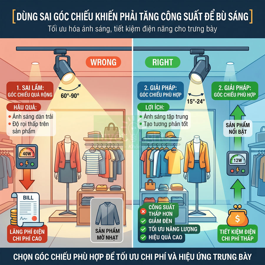Infographic so sánh góc chiếu đèn LED đúng sai để làm nổi bật sản phẩm thời trang và tiết kiệm điện