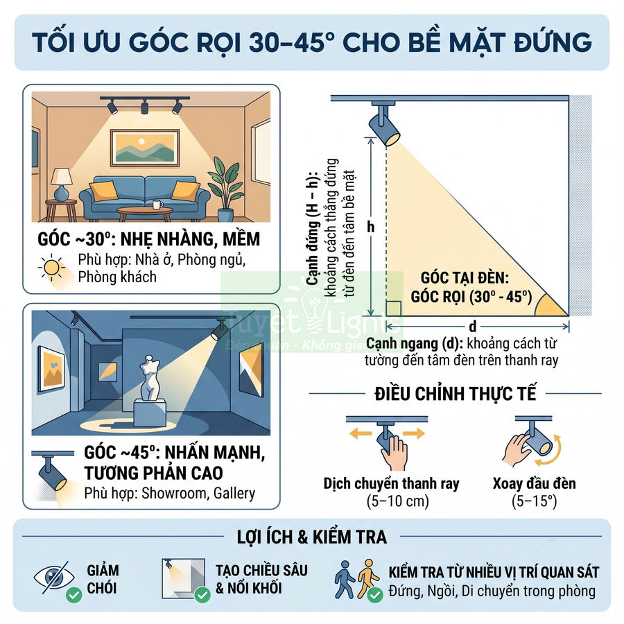 Hướng dẫn tối ưu góc rọi 30 45 độ cho đèn rọi ray chiếu tranh tường trong nhà và showroom