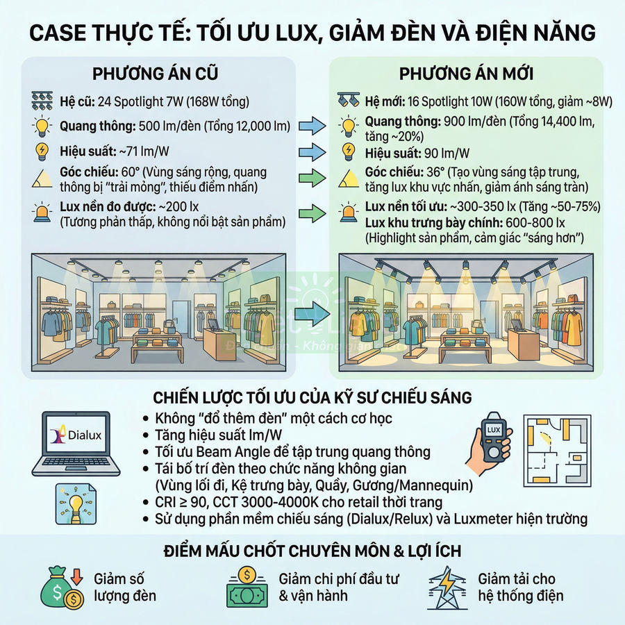 Minh họa tối ưu hệ thống đèn spotlight LED cho cửa hàng thời trang, tăng độ sáng sản phẩm và giảm số lượng đèn