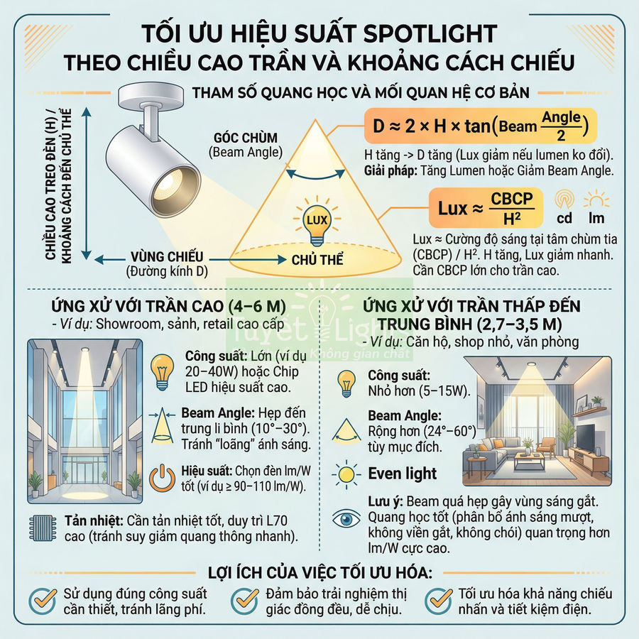 Infographic hướng dẫn tối ưu hiệu suất đèn spotlight LED theo chiều cao trần và khoảng cách chiếu