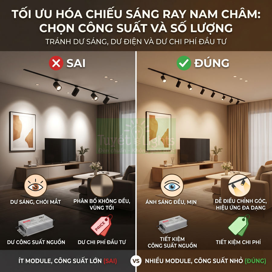 So sánh bố trí đèn ray nam châm trong phòng khách, minh họa cách chọn số lượng và công suất module chiếu sáng