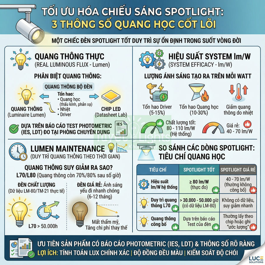Infographic tối ưu hóa chiếu sáng spotlight với 3 thông số quang học cốt lõi và so sánh spotlight tốt, giá rẻ