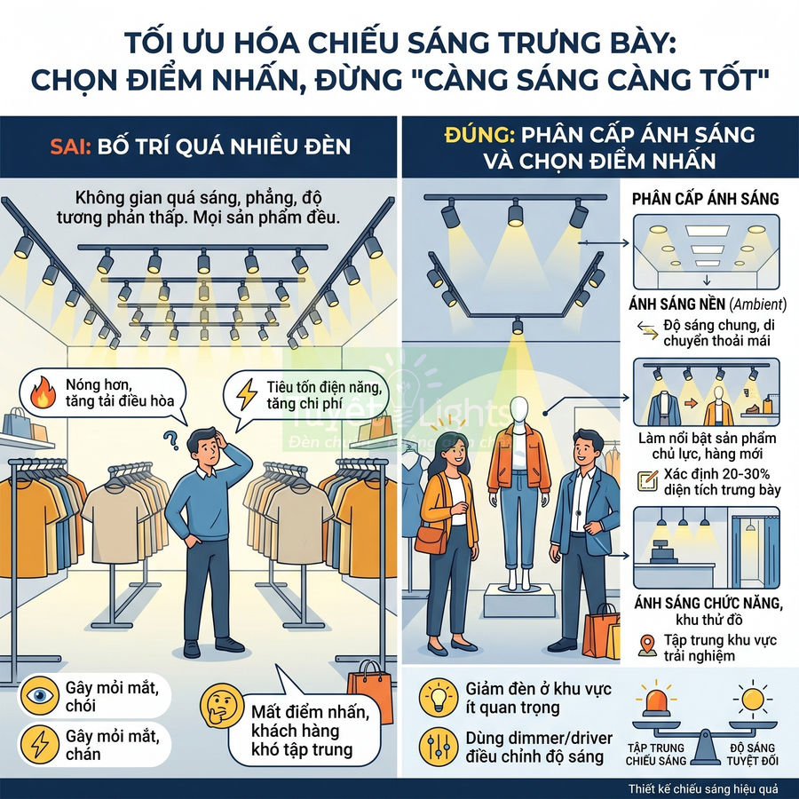 Minh họa so sánh bố trí đèn chiếu sáng sai và đúng trong cửa hàng thời trang để làm nổi bật sản phẩm trưng bày