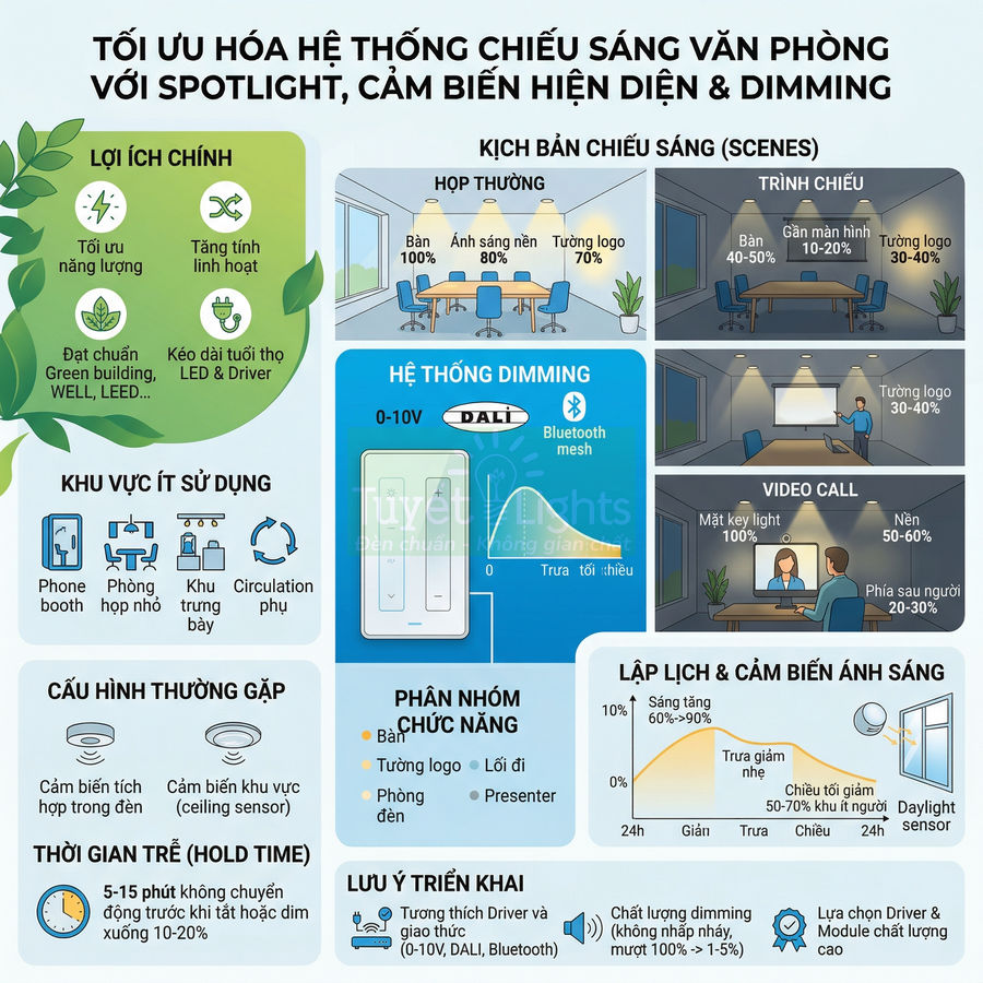 Infographic tối ưu hệ thống chiếu sáng văn phòng với spotlight, cảm biến hiện diện và dimming tiết kiệm năng lượng