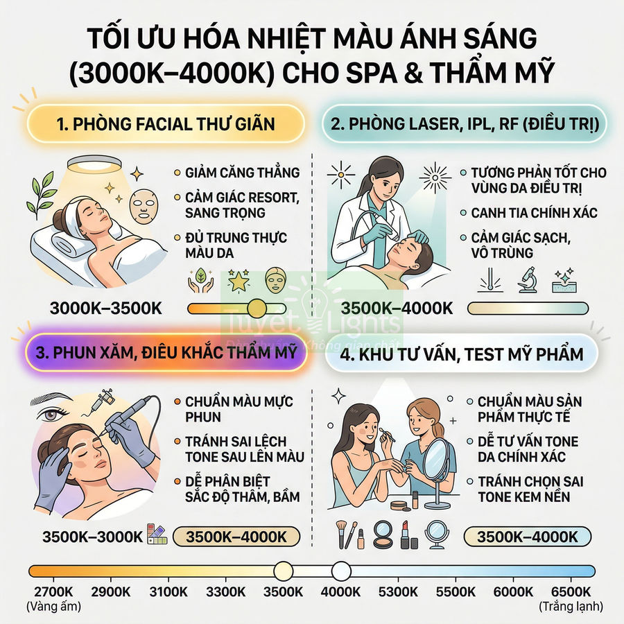 Infographic hướng dẫn chọn nhiệt màu ánh sáng 3000K 4000K tối ưu cho các khu vực spa và thẩm mỹ