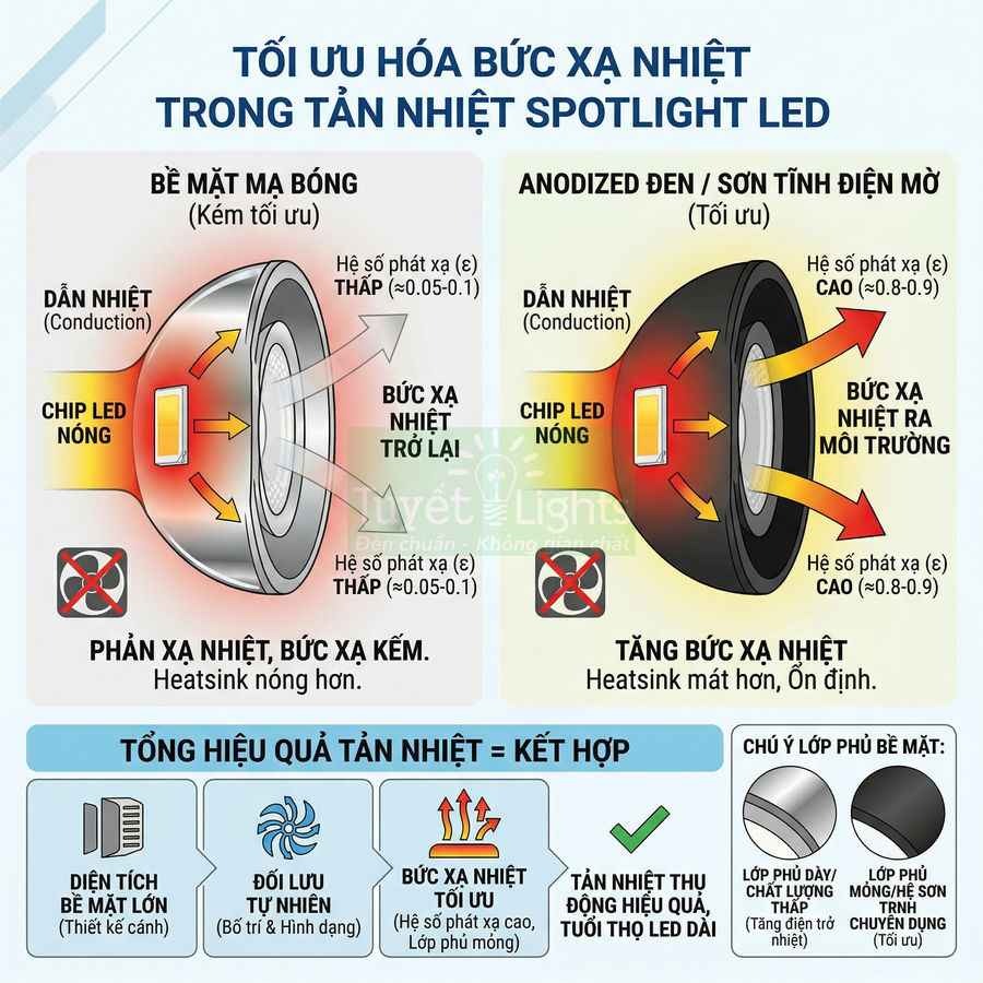Sơ đồ tối ưu tản nhiệt cho đèn spotlight LED với chip LED nóng và bề mặt tản nhiệt anodized