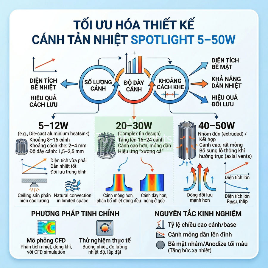 Sơ đồ tối ưu hóa thiết kế cánh tản nhiệt đèn LED spotlight công suất 5 đến 50W