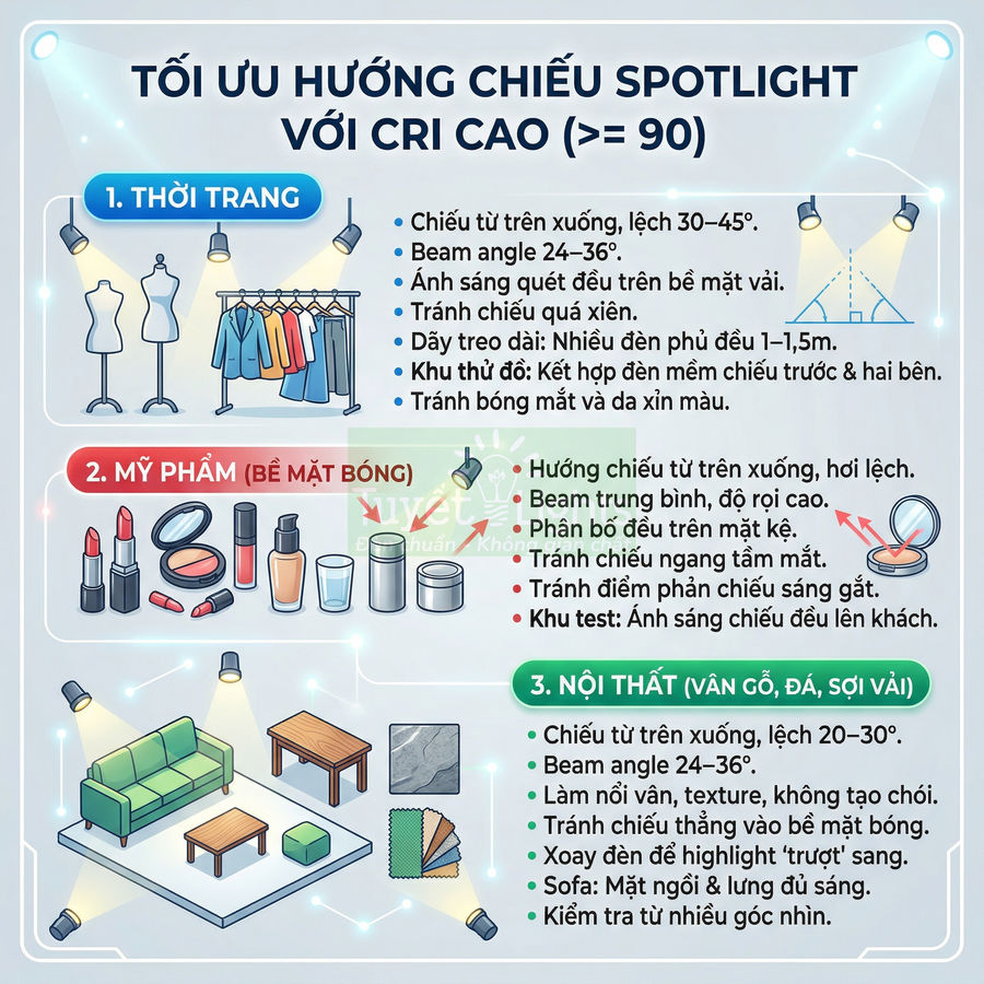 Hướng dẫn tối ưu chiếu spotlight CRI cao cho thời trang, mỹ phẩm bề mặt bóng và nội thất vân gỗ đá sợi vải