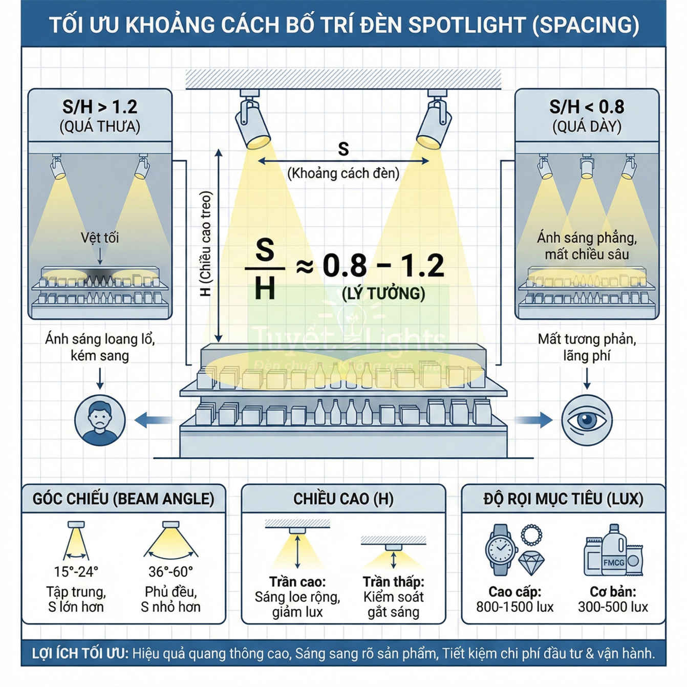 Hướng dẫn tối ưu khoảng cách bố trí đèn spotlight chiếu sáng kệ trưng bày sản phẩm trong cửa hàng