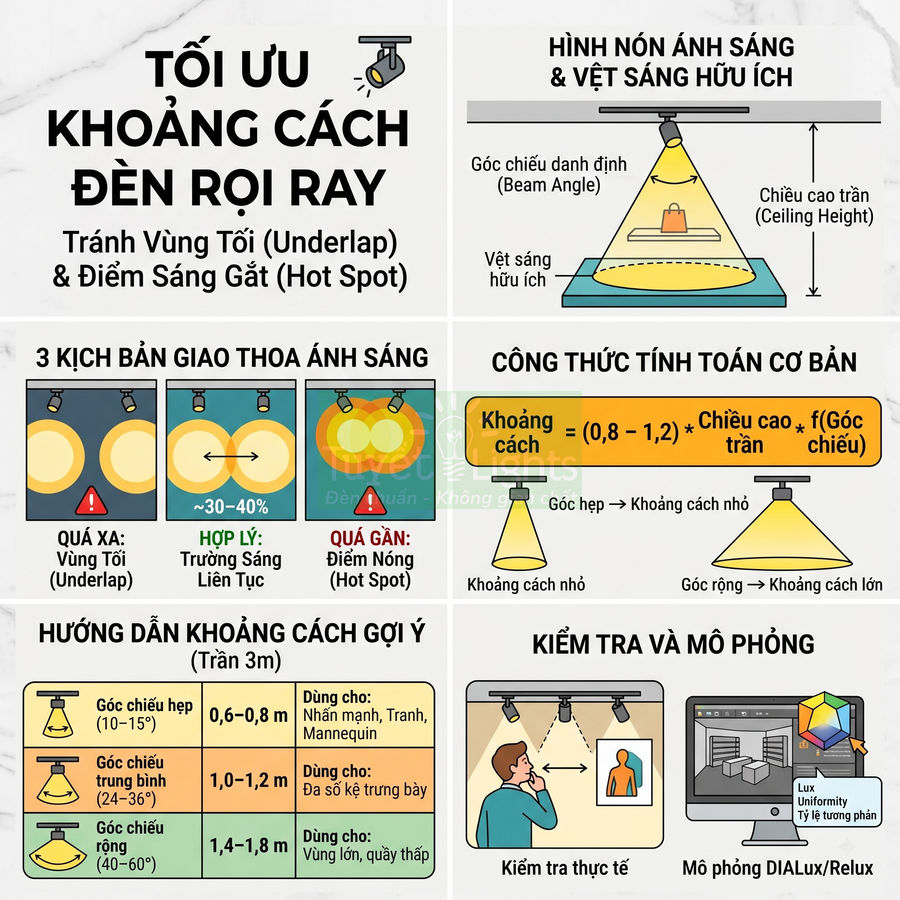 Infographic hướng dẫn tối ưu khoảng cách lắp đặt đèn rọi ray theo góc chiếu và chiều cao trần