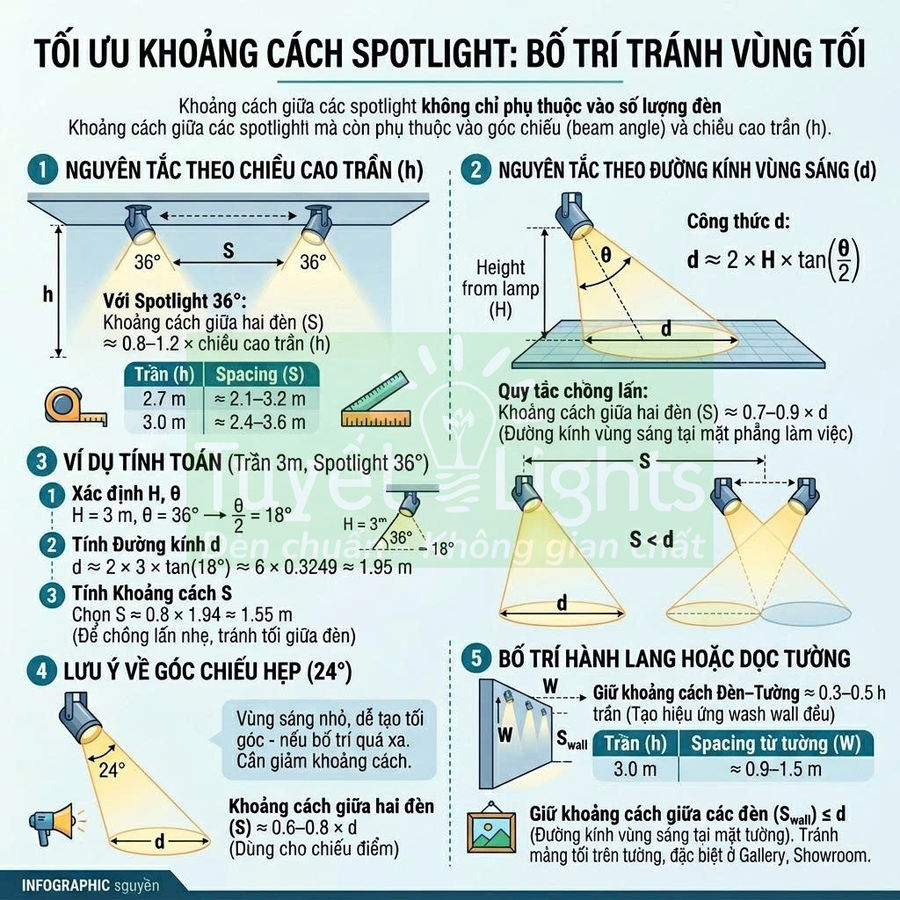 Hướng dẫn tối ưu khoảng cách lắp đặt đèn spotlight theo chiều cao trần và góc chiếu để tránh vùng tối
