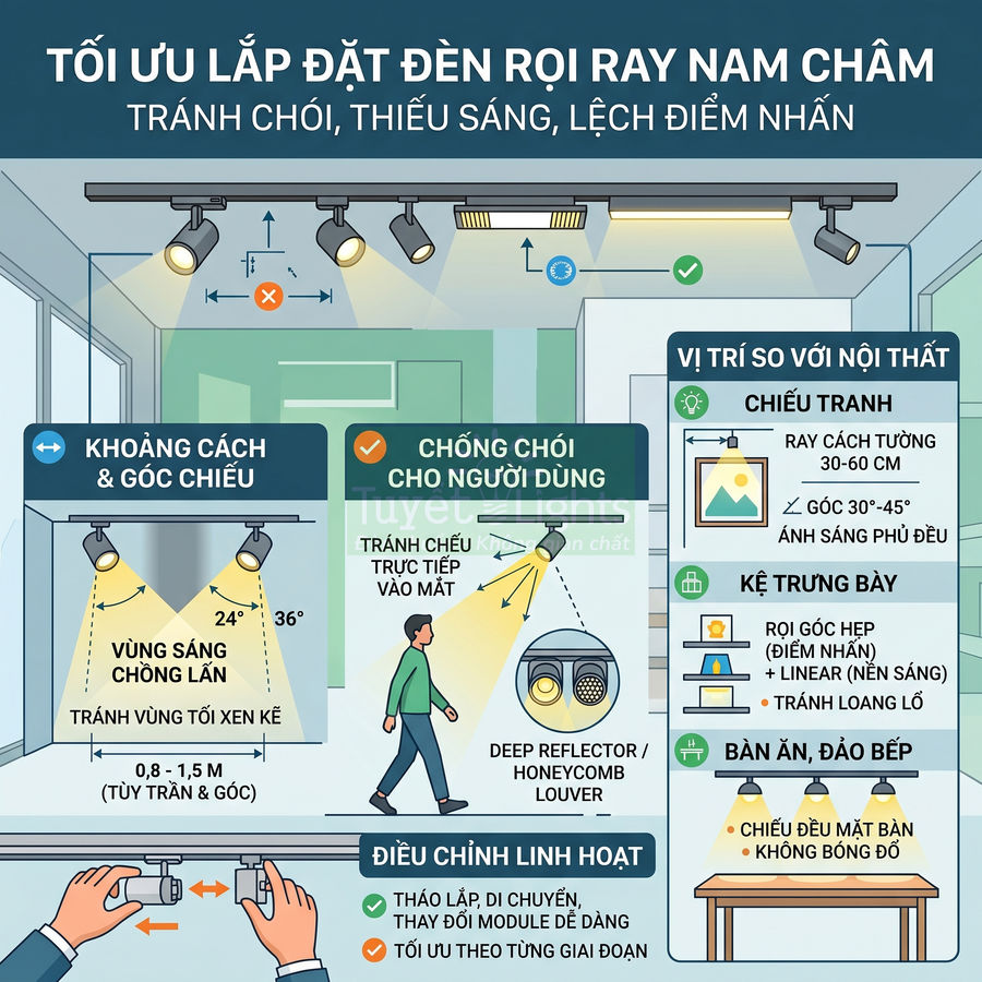 Hướng dẫn lắp đặt đèn rọi ray nam châm trong nhà, tối ưu góc chiếu và vị trí để chống chói và chiếu sáng đều