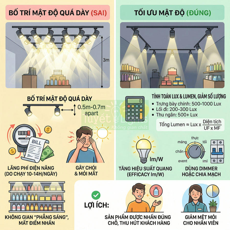 Infographic hướng dẫn bố trí đèn rọi ray tối ưu cho cửa hàng, so sánh mật độ đèn sai và đúng