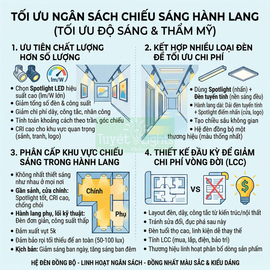 Infographic hướng dẫn tối ưu ngân sách chiếu sáng hành lang bằng hệ thống đèn LED Spotlight và đèn tuyến tính