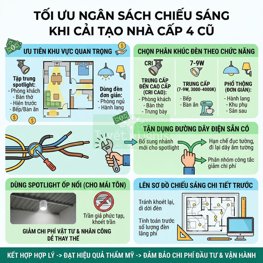 Infographic tối ưu ngân sách chiếu sáng khi cải tạo nhà cấp 4 cũ với các mẹo chọn và lắp đặt đèn tiết kiệm chi phí