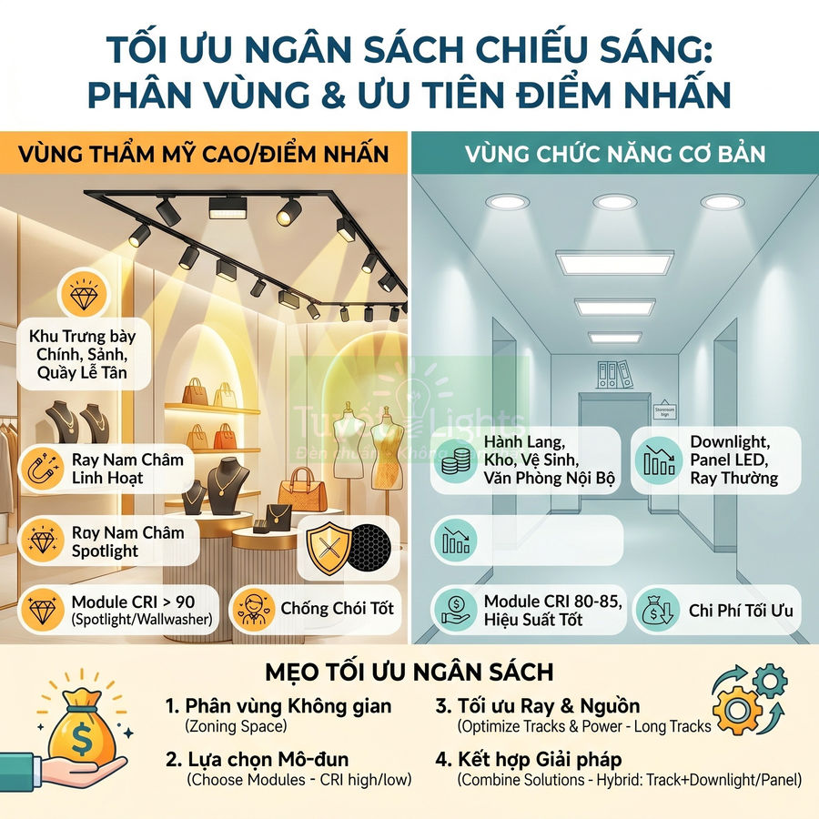 Infographic tối ưu ngân sách chiếu sáng cửa hàng với đèn ray nam châm, downlight và panel LED cho từng khu vực