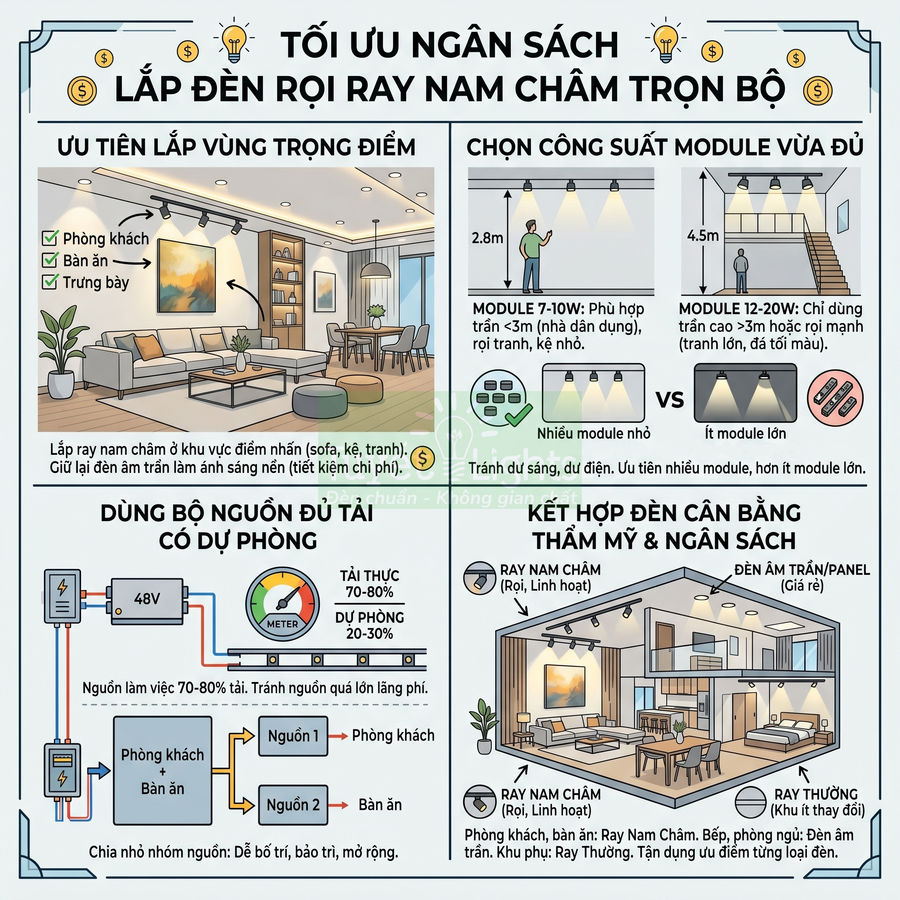 Hướng dẫn tối ưu ngân sách lắp đặt đèn rọi ray nam châm trọn bộ cho phòng khách và phòng ăn
