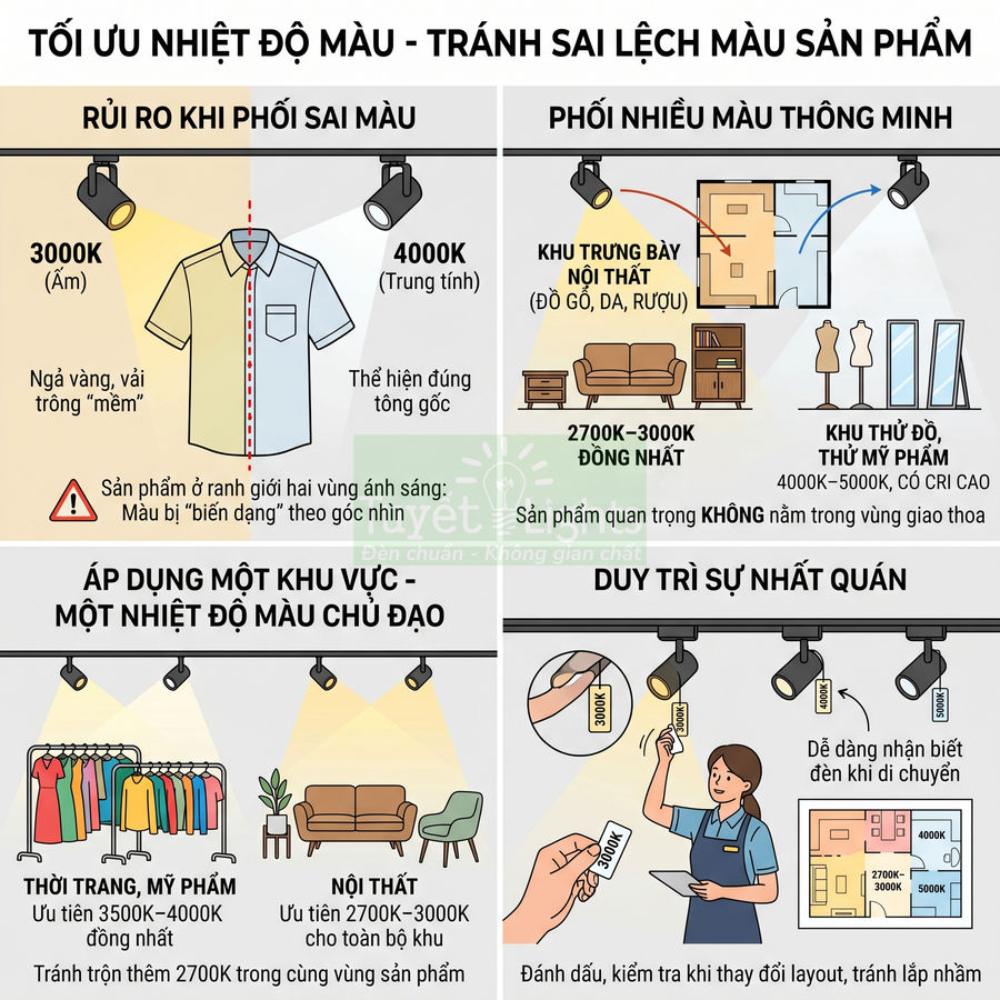 Infographic hướng dẫn tối ưu nhiệt độ màu đèn chiếu sáng để tránh sai lệch màu sản phẩm trong cửa hàng
