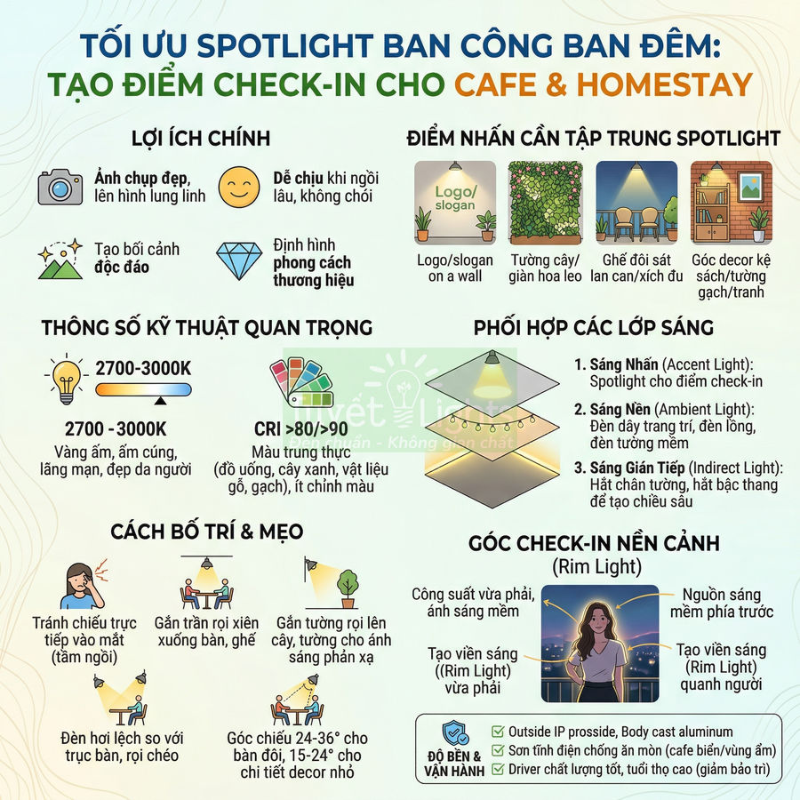Infographic hướng dẫn tối ưu đèn spotlight ban công ban đêm cho quán cafe và homestay tạo góc check in đẹp