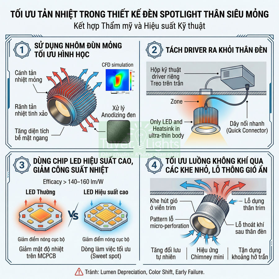 Infographic tối ưu tản nhiệt cho đèn LED spotlight thân siêu mỏng với cấu trúc nhôm, chip LED hiệu suất cao và khe thoát khí