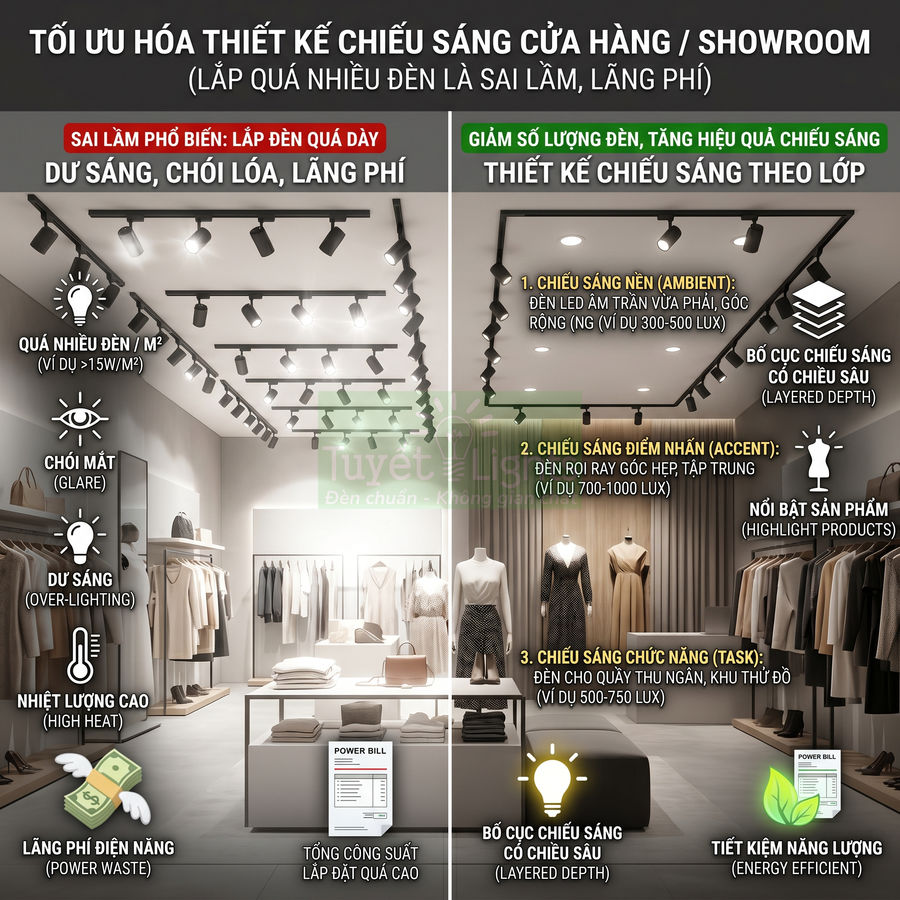 Thiết kế đèn LED chiếu sáng cửa hàng thời trang, so sánh lắp quá nhiều đèn và bố trí chiếu sáng theo lớp